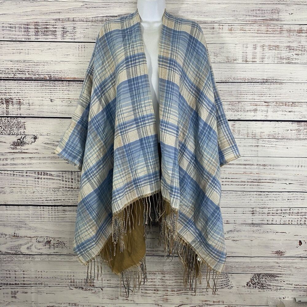 Woven Heart Womens Blue Plaid Shawl Size S/M Soft Woven Open Front Fringe